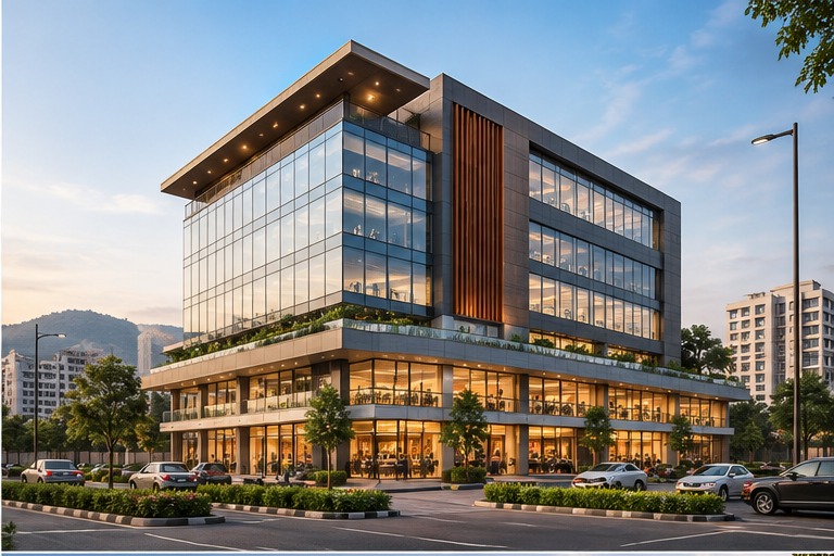 AI-generated commercial building concept in a fictional Indian urban setting