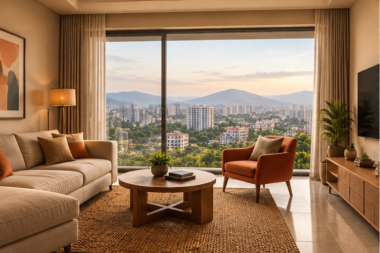AI-generated apartment interior concept overlooking a fictional city skyline