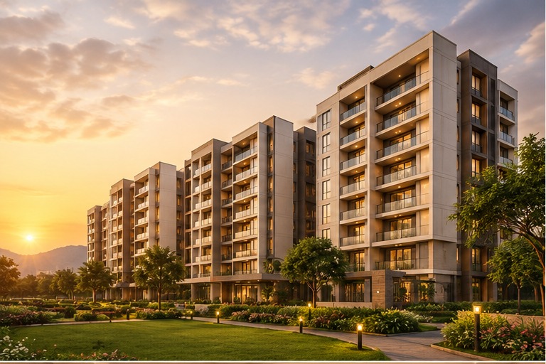 AI-generated residential development concept inspired by contemporary Pune architecture